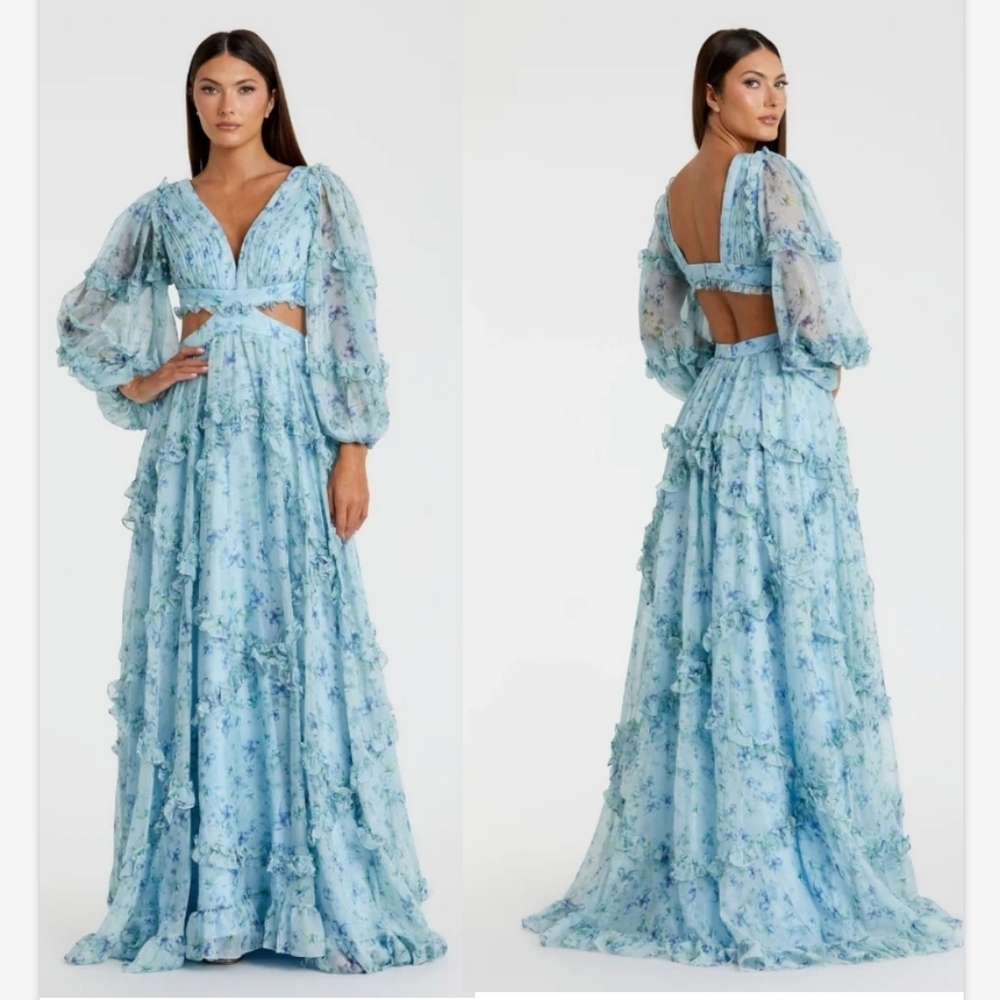 Ieena for Mac Dugga lRuffle Tiered blue  Floral Cutout Long Sleeve Gown SZ 6 NWT